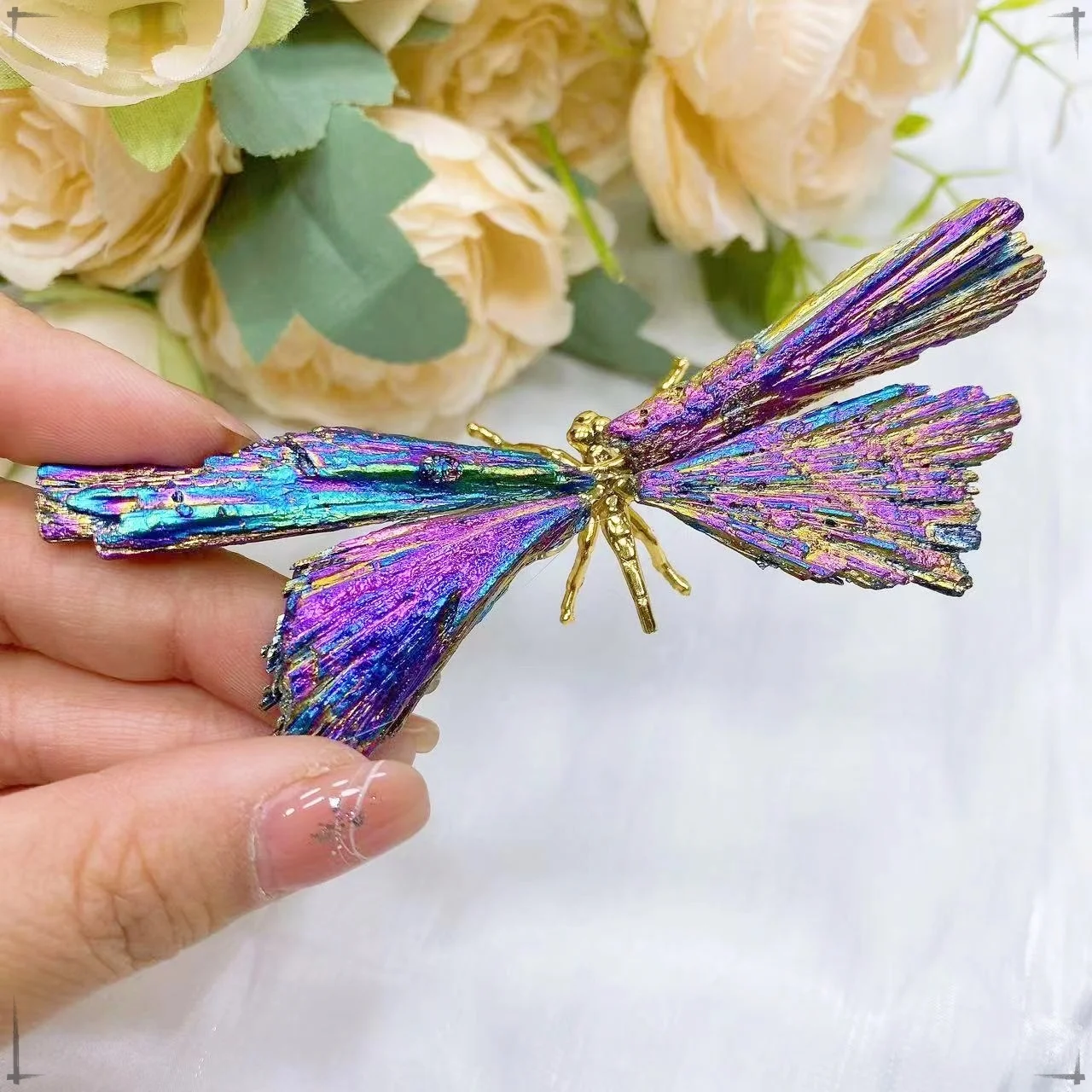 Natural Colorful Tourmaline Electroplanted Crystal Butterfly Dragonfly Spar Crafts Reiki Healing Home Desktop Decoration Gift