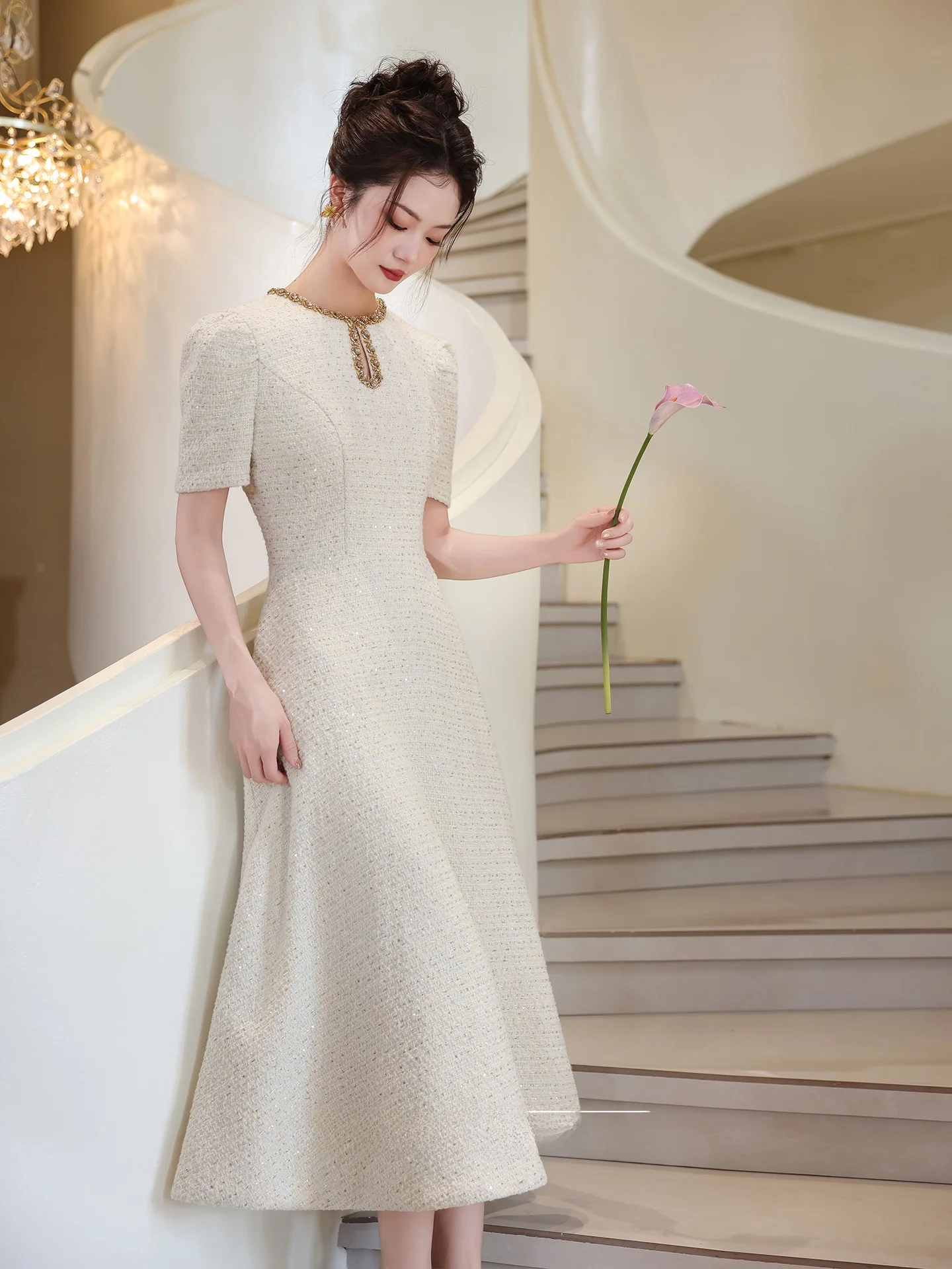 

Ele White Wedding Dr ature Everyday Wear Luxury High-End Engagement Par Dr Korean Sle Zipper round Ne o...