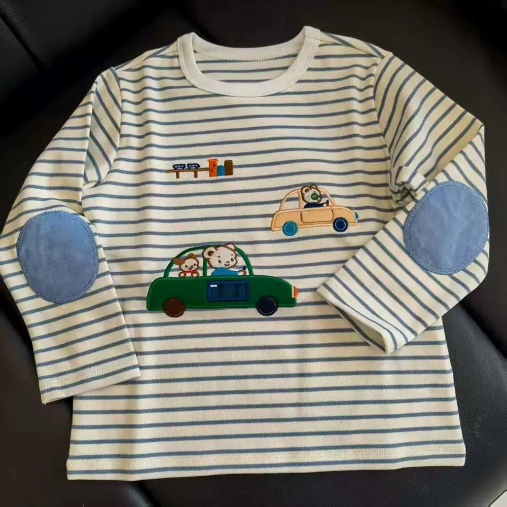 

kids girls clothes baby tops Cartoon car pattern striped T-shirt Boys and girls casual long sleeved T-shirt