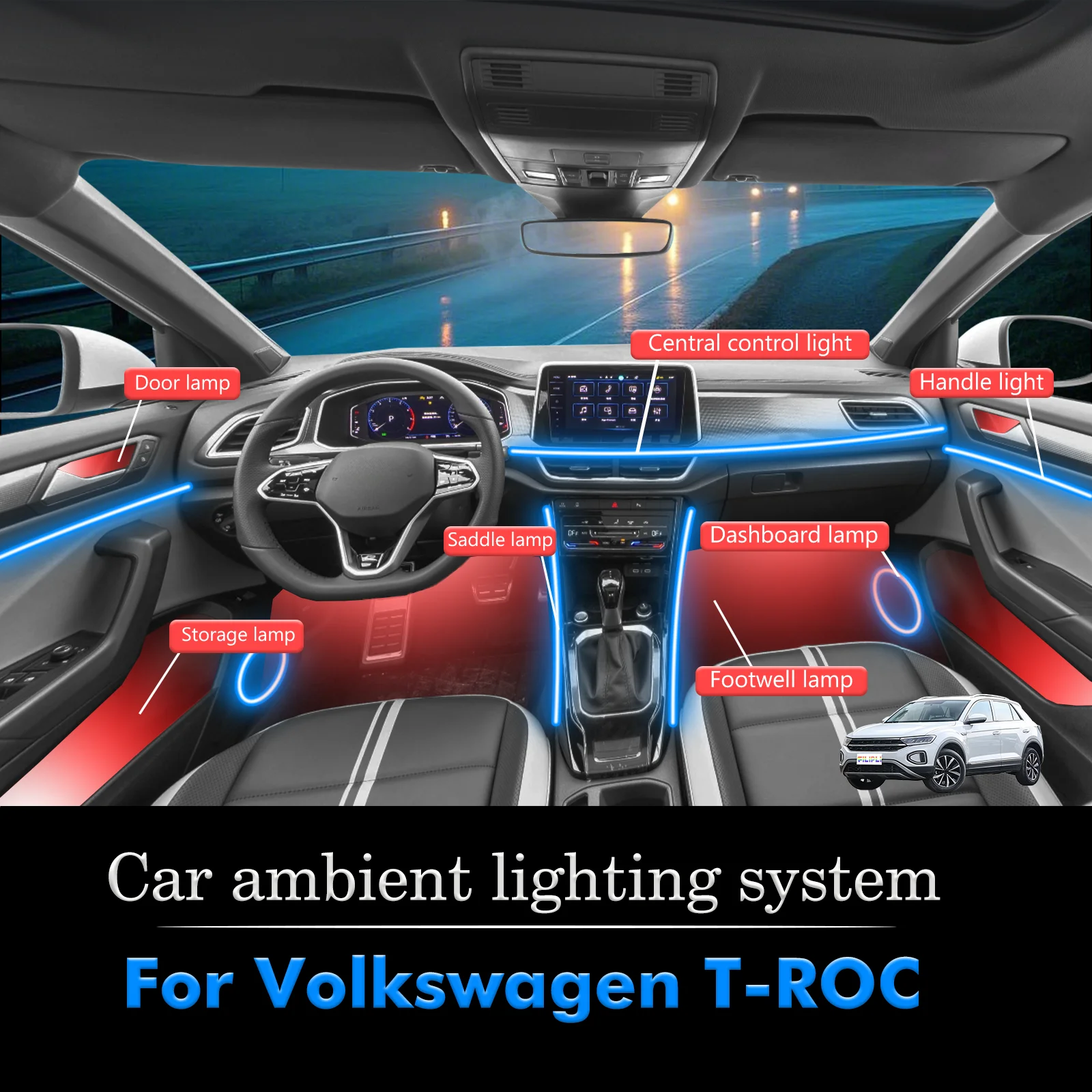 

For Volkswagen T-ROC Smart Remote Control Car Interior Ambient Light RGB 64 Colors LED Energy Saving Efficient Lamp Kit