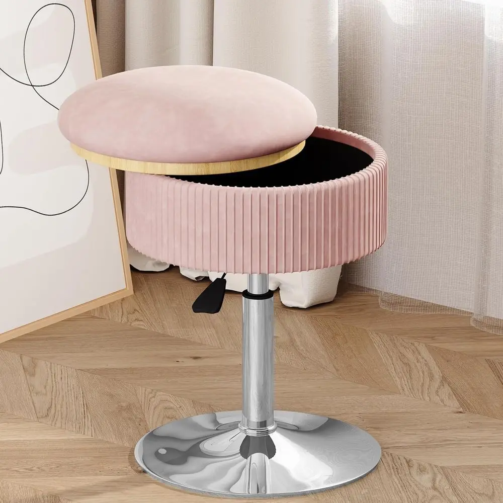 

Регулируемый по высоте 360° ° Вращающийся стул для туалетного столика с местом для хранения, розовый бархатный стул для макияжа