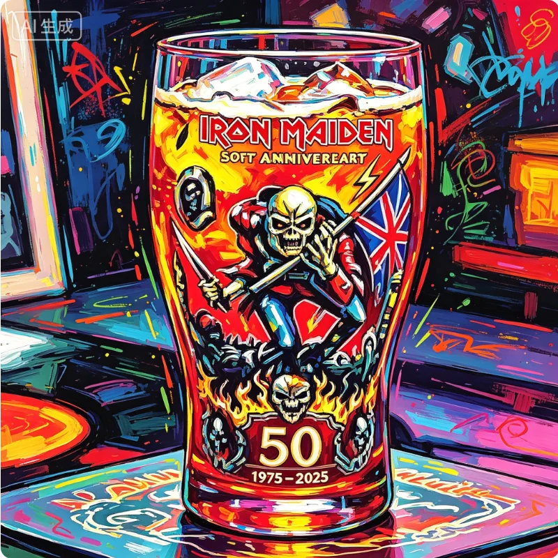 Iron Maiden Eddie Skull UK Flag 50th Anniversary Beer Glass Classic Rock Themed Drinking Mug for Fans Bar Use