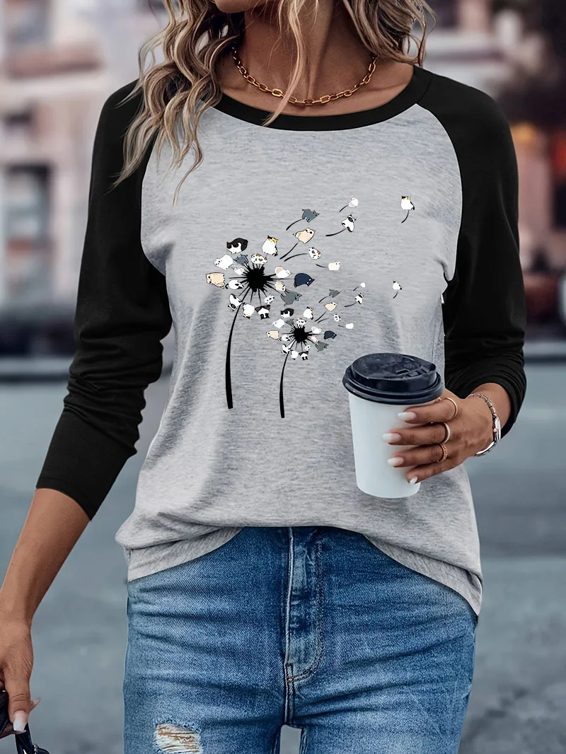 Kawaii Blatt mit Katzen-Print Lässiges Langarm-T-Shirt Lustiges Winter-Herbst-Grafik-Langarm-Komfort-T-Shirt für Damen – Detail 3