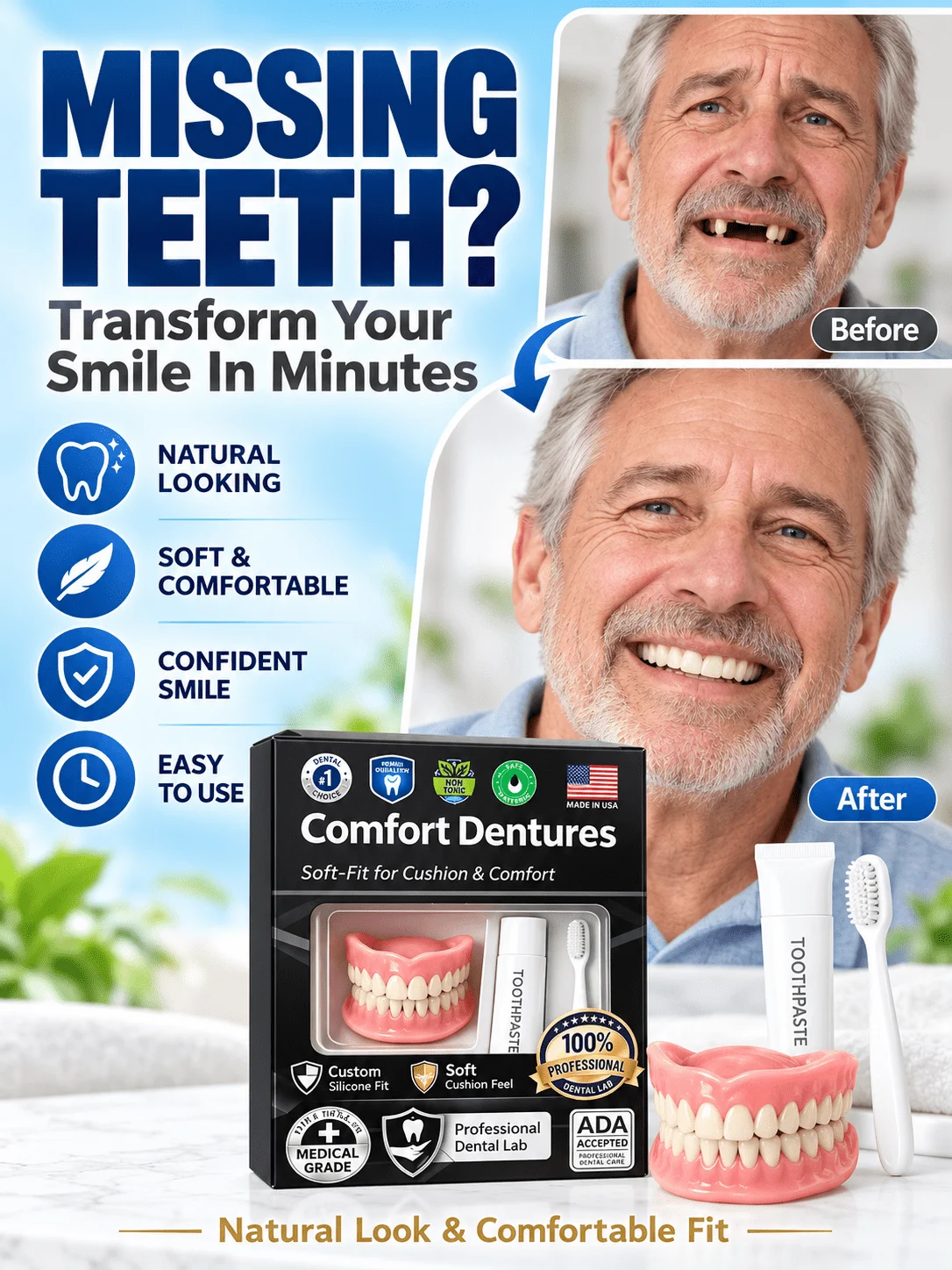 Silicone Dentures Full Set Adjustable Natural Look Upper Lower Dentures for Daily Wear