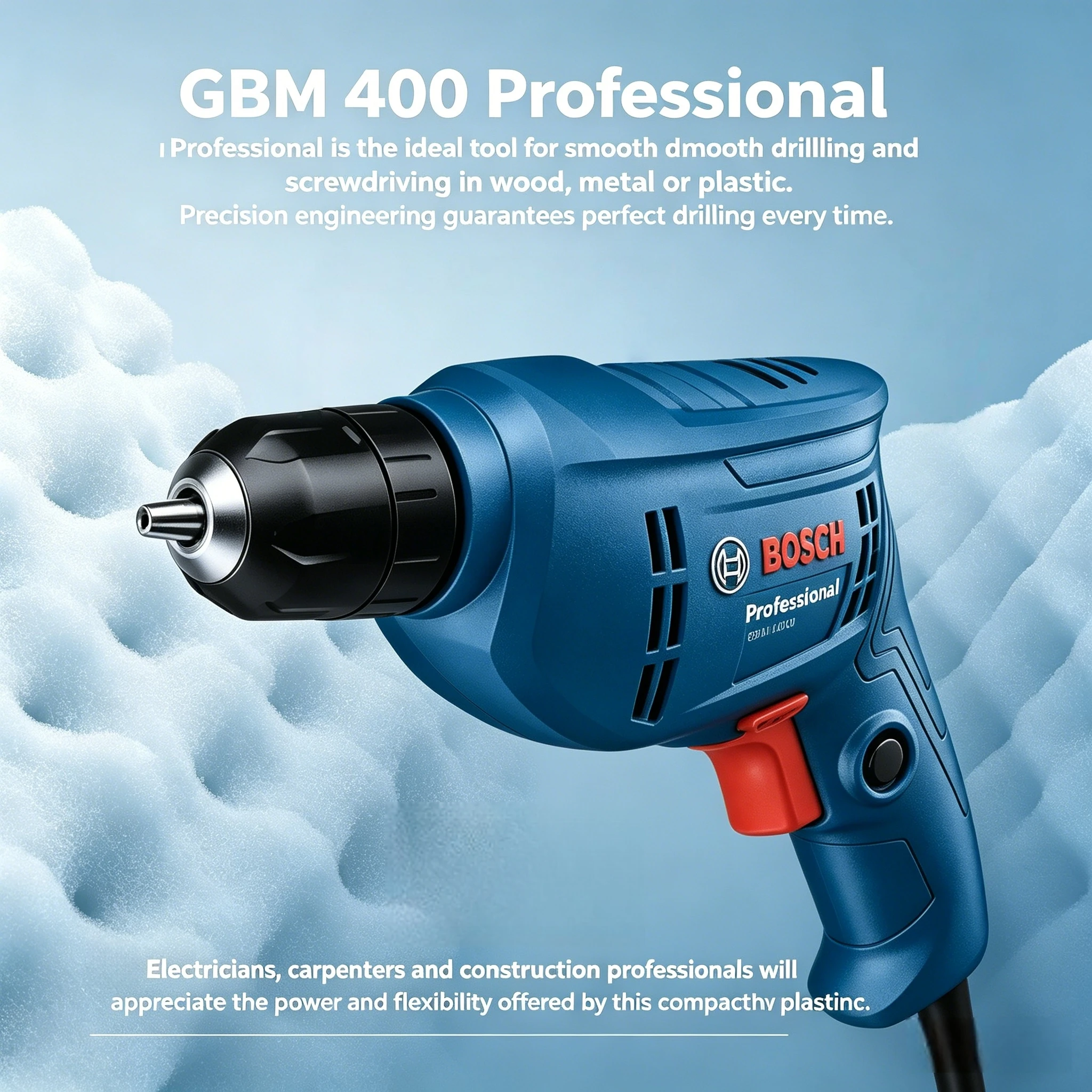 New Bosch GBM 400 Drill, High-Torque Motor, Compact Build for Tight Spaces & Precise Control in Light Professional Jobs