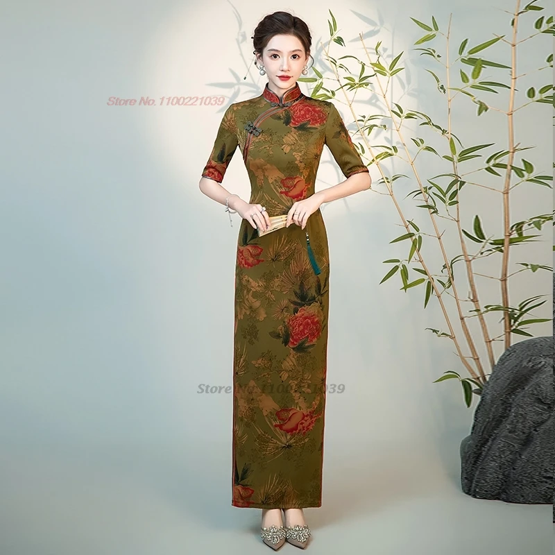 

2024 chinese improved qipao dress vintage cheongsam national flower print stage formal qipao oriental banquet evening dress