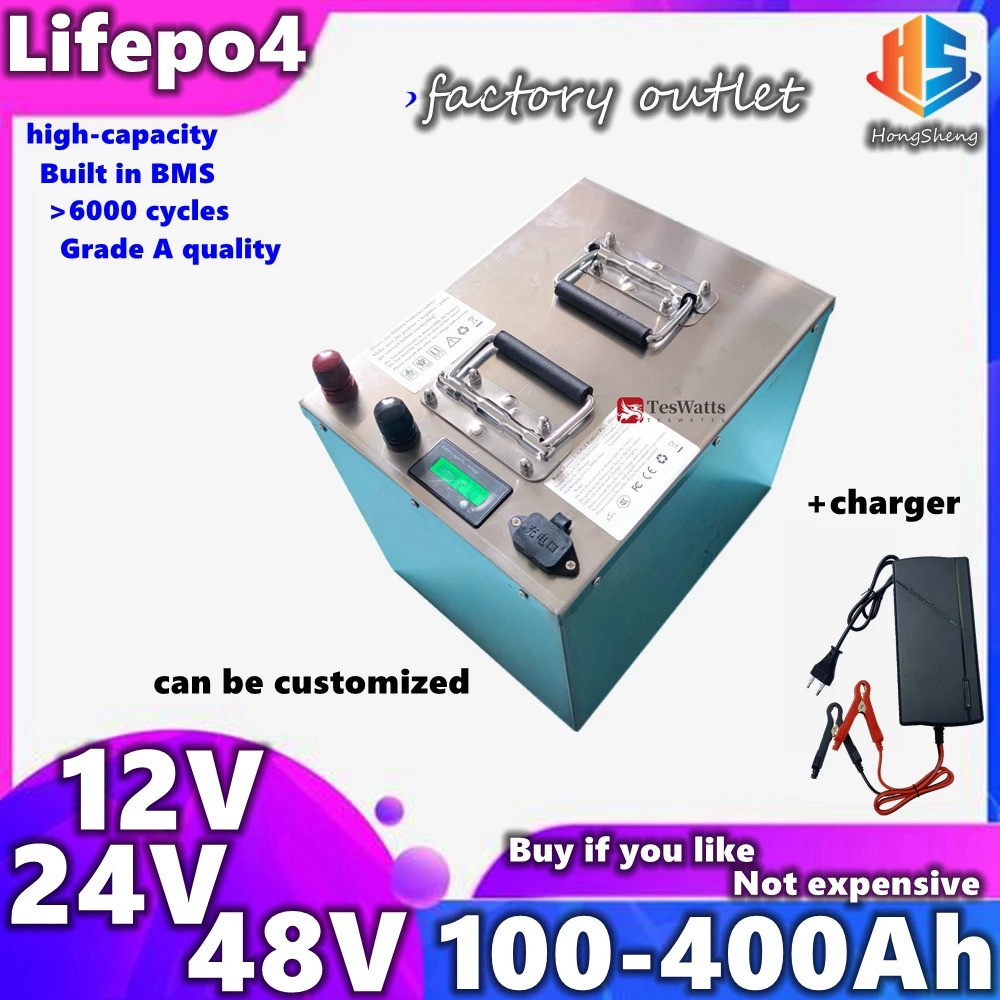 waterproof 12V 24V 48V 100Ah 200Ah 300Ah 400Ah Lifepo4 Battery For Solar Inverter Motorhome Outdoor Back Up Power Supply+charger