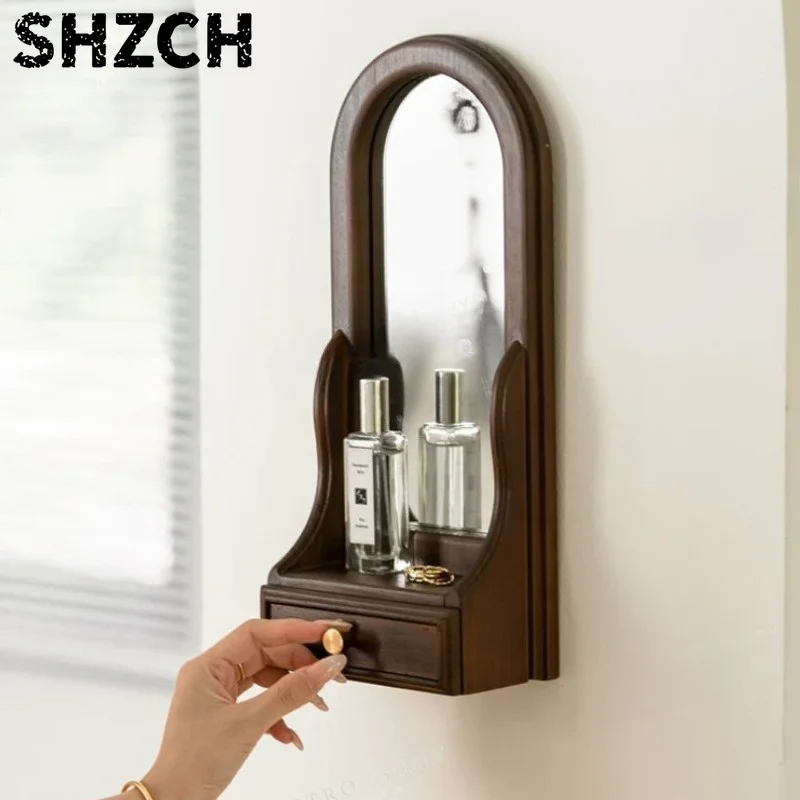 Espejo de Pared Arqueado de Estilo Mid-Century, Espejo de Madera Sólida para Tocador, para Dormitorio y Pasillo, con Estante par