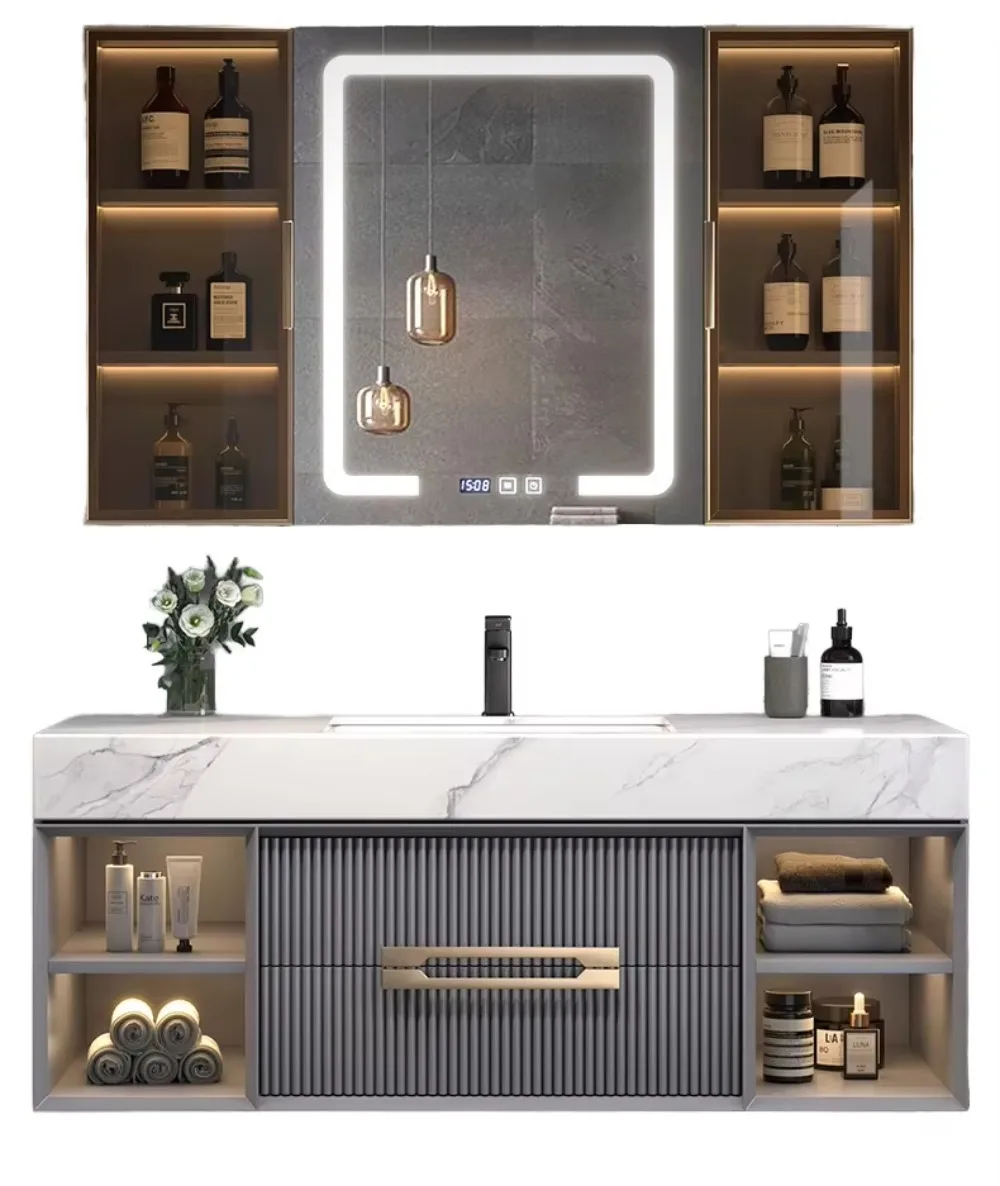 Wholesale Luxurious Modern Plywood LED Hotel Custom Mirror Wall-Mounted Bathroom Vanity Units with Ceramic Basin