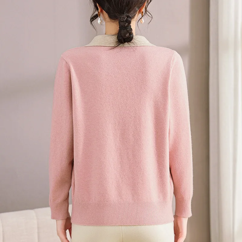 QICHE 2026 Autumn Winter New Middle‑Aged Women Lapcollar High‑Stretch Soft Knit Sweater Long Sleeve Mom Style Casual Top