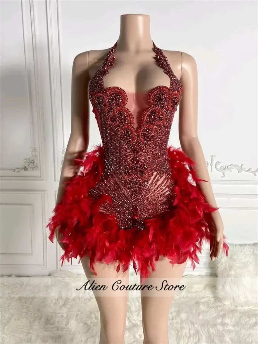 Glitter White Crystal Short Prom Dress For Black Girl Homecoming Senior Cocktail Dress Birthday Party Gown Feathers Customized
