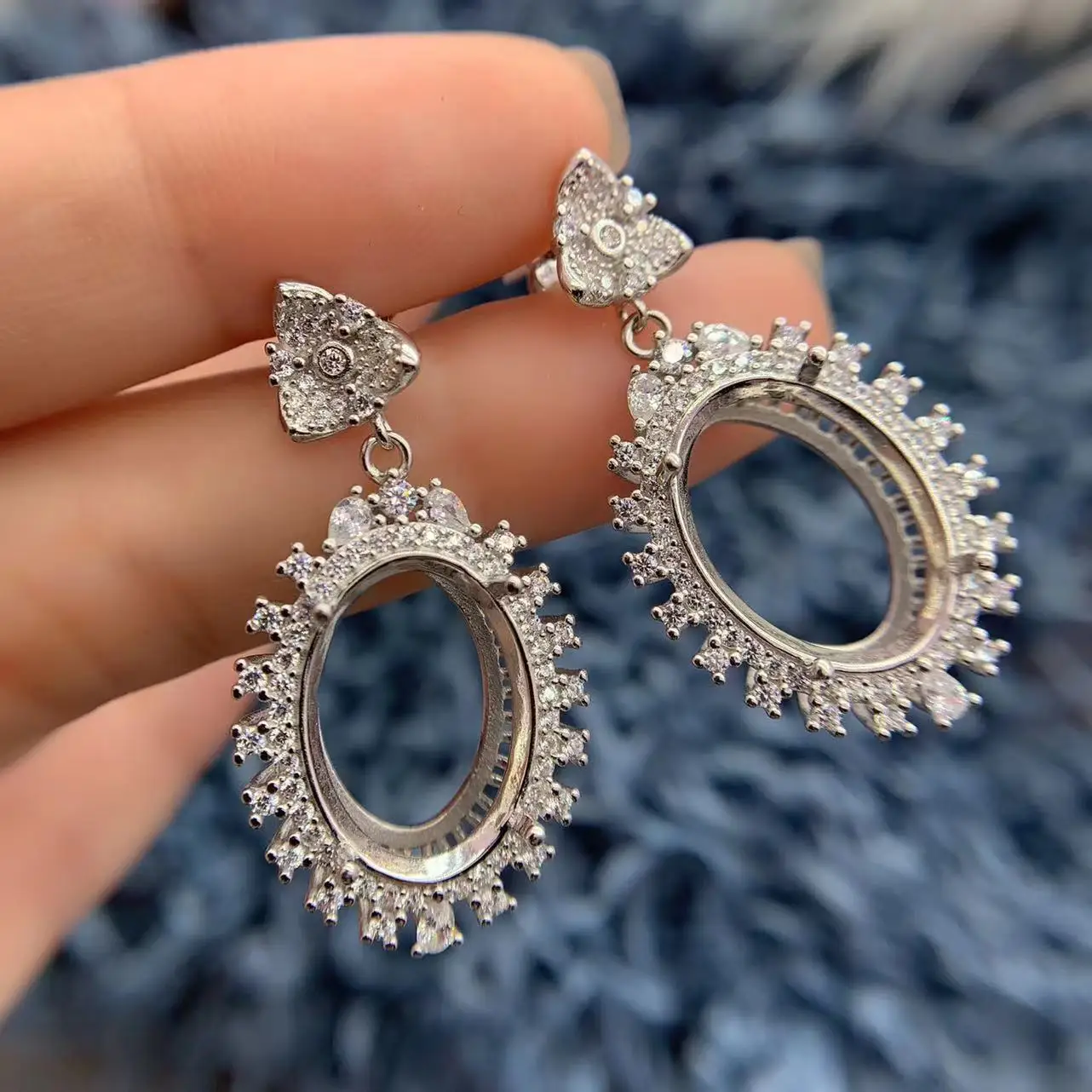 MeiBaPJ Inlay Large Size Elliptical13*18mm S925 Sterling DIY Earring Empty Holder Lady Exquisite Sparkling Flowers Charm Jewelry