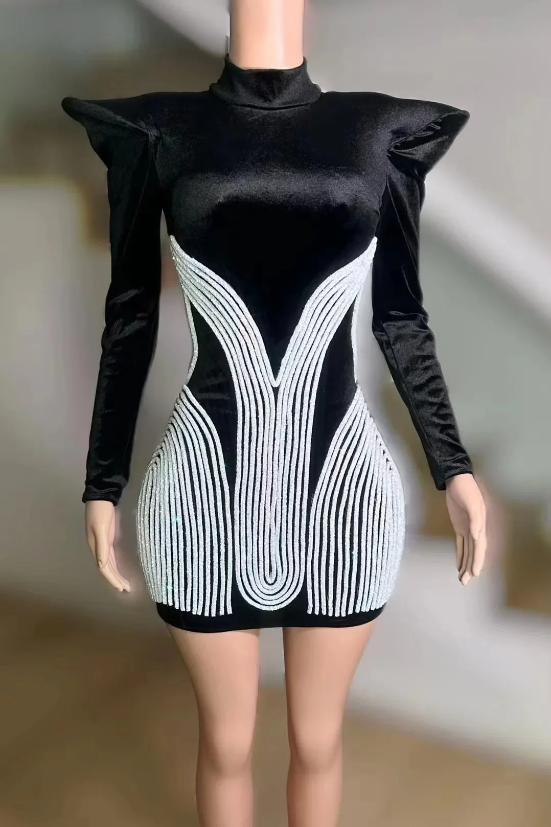Women Birthday Outfit Event Gogo Dancer Costume Party Show Outfit Singer Stage Wear Black High Collar Padded Shoulder Dress