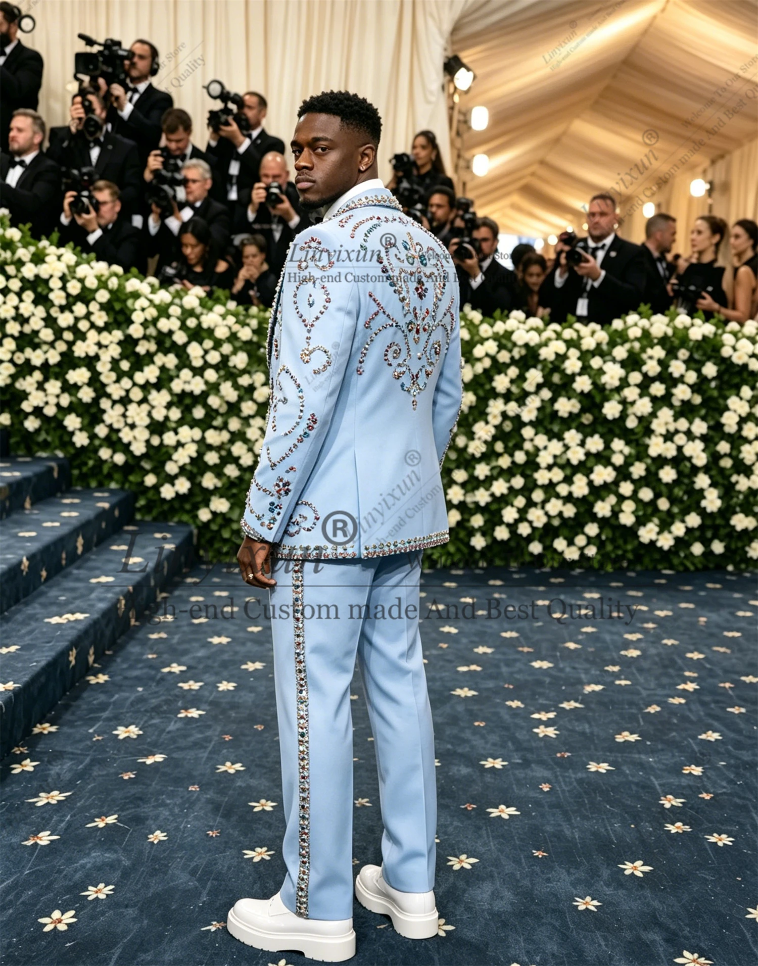 Luxury Groom Wedding Tuxedo Men Suits 2 Pce Blazer Beaded Crystal Light Blue Double Breasted Coat Prom Dress Customized