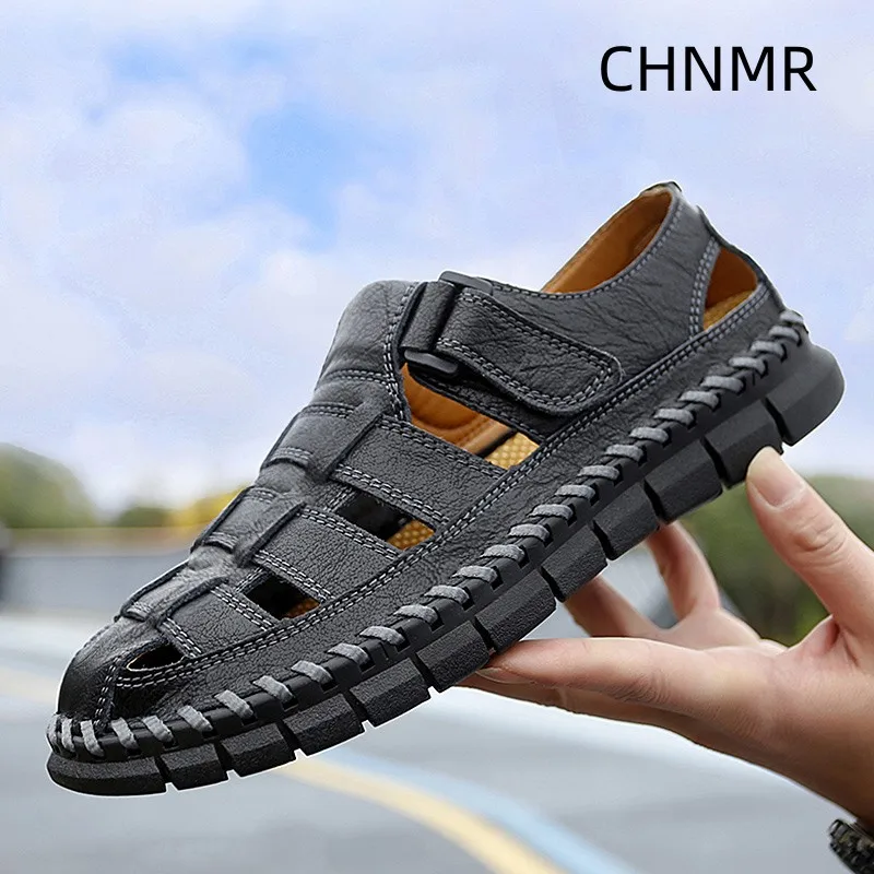 Genuine Leather Sandal for Men Round Toe Lightweight Comfortable Trendy All-match Breathable Fashion Non-slip Shoes Summer Main