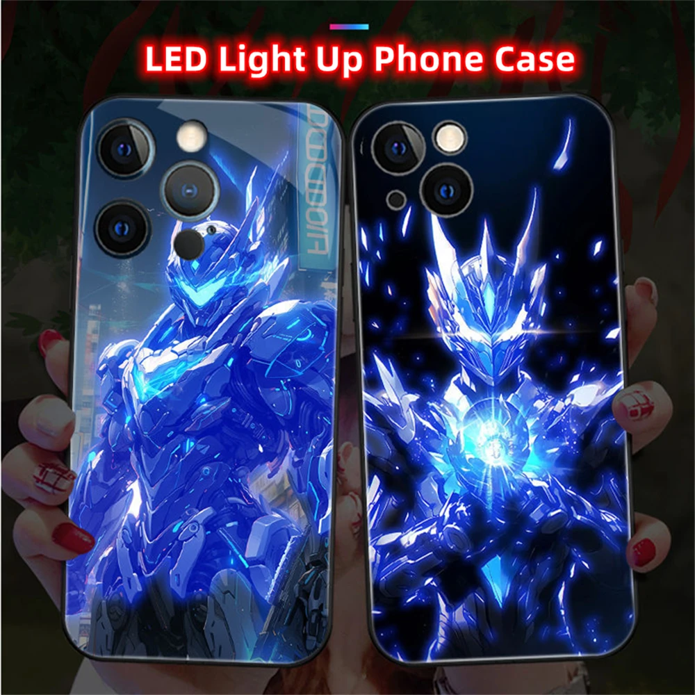 

Frozen War Armor LED Light Glow Luminous Tempered Glass Phone Case For iPhone 15 14 13 12 11 Pro Max X XR XS 6 7 8 Plus SE2020