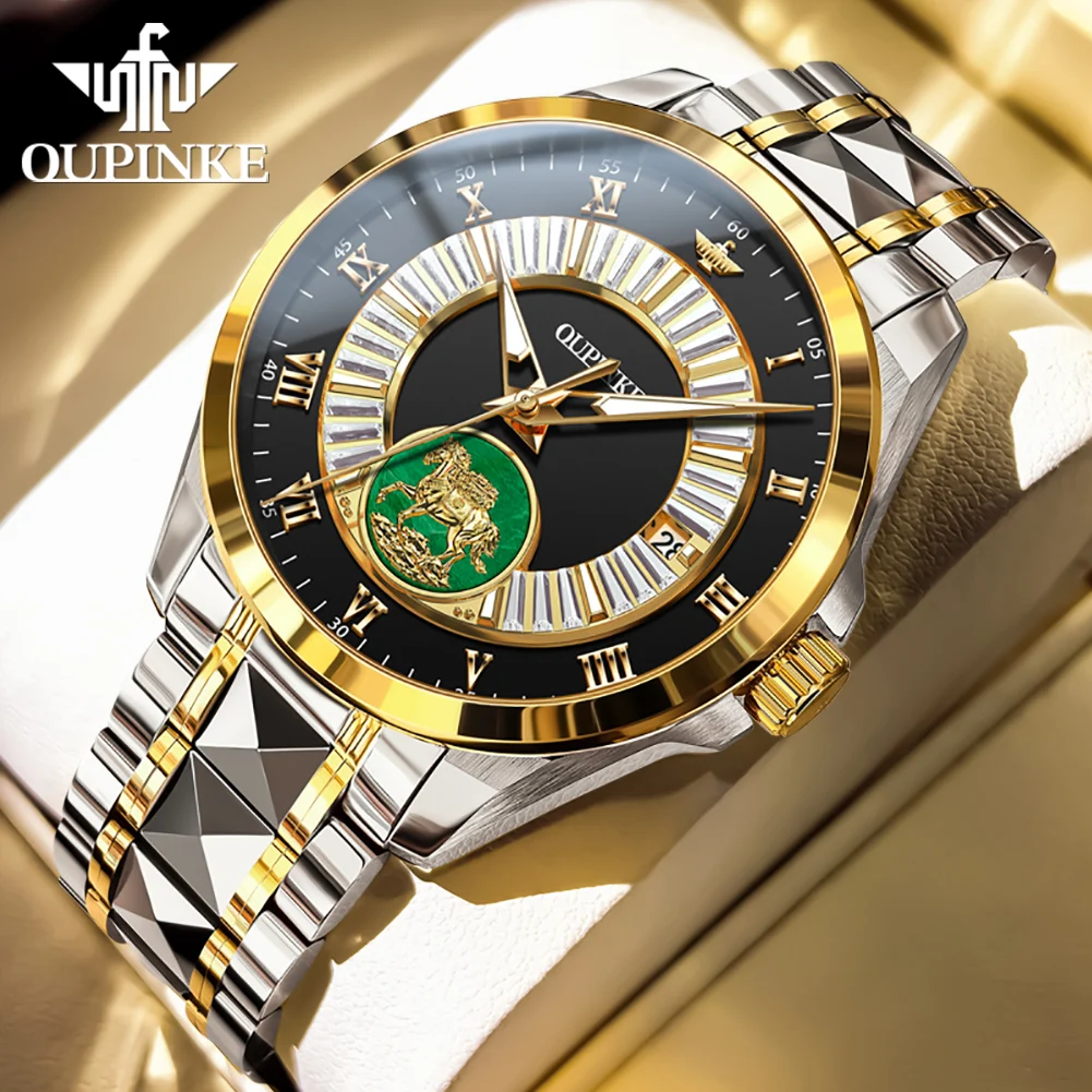 OUPINKE 3320 Real Gold Jade Watch Men Imported Automatic Movement Mechanical Watch Waterproof Tungsten Steel Wristwatch
