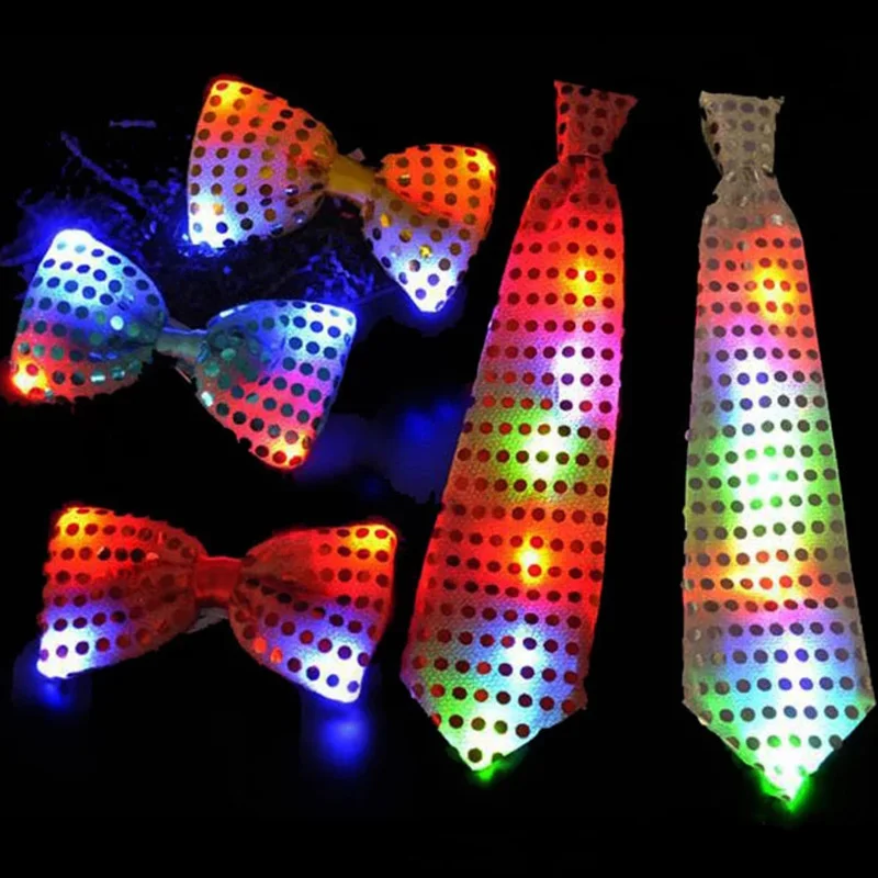 LED Light Up Sequin Fedora Jazz Hat Cap Gift Necktie Neck Tie Glow in Dark Party Bar Birthday Costume for Women Men