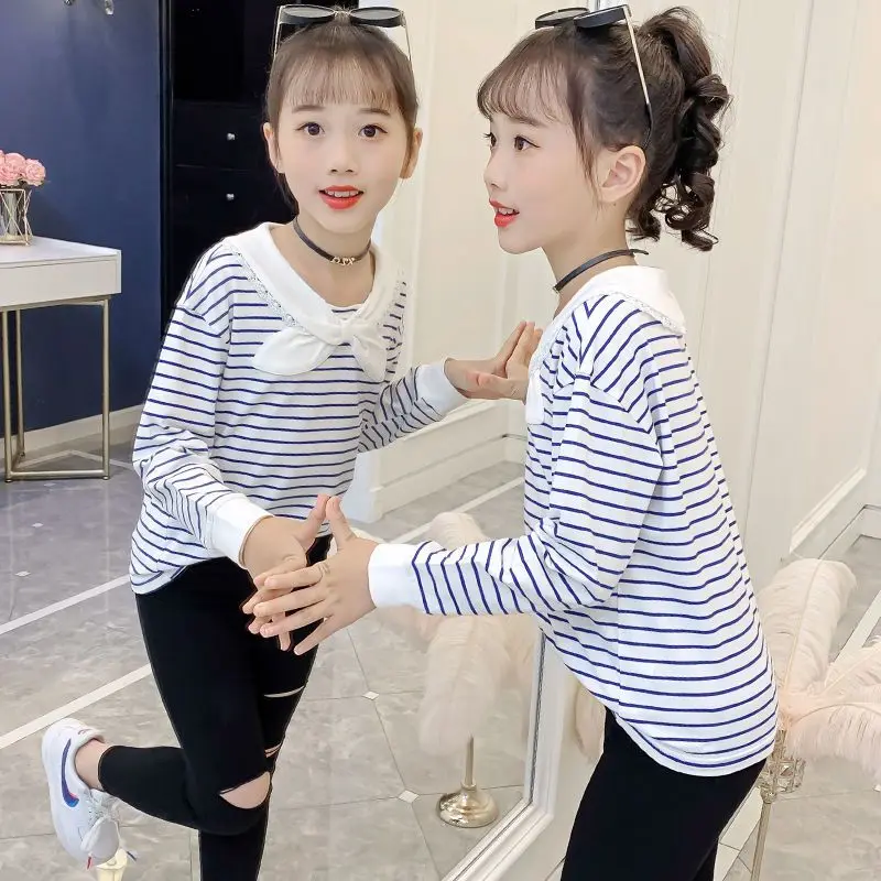 

Girls Long Sve T-irt Autumn Wear 2025 New Children's School orm Kindergarten orm Navy Sle JK orm Striped Top
