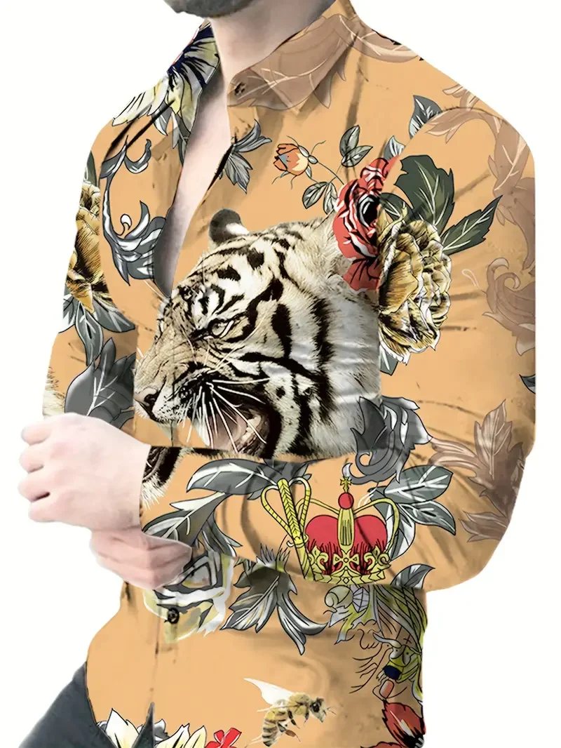 Fierce Tiger And Flower 3D Graphic Print Men\'s Novelty Long Sleeve Button Up Shirt, Spring Fall, Street Style