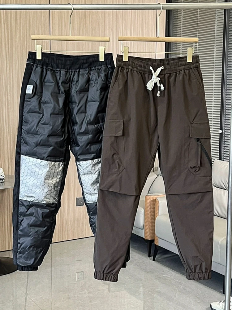 Winter Men's Jogger Puffer Pants 90% White Duck Down Padded Muti-Pockets Thick Warm Cargo Pants Male Windproof Thermal Trousers