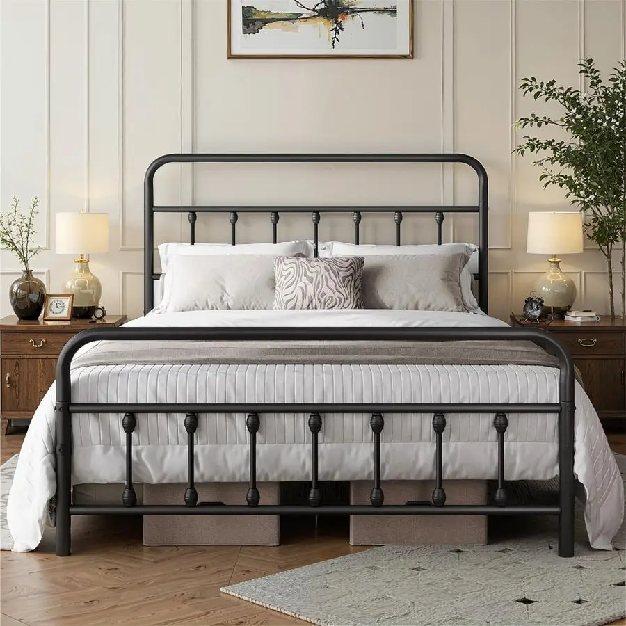

Bed FrameClassic Metal Platform Bed Frame Mattress Foundation with Victorian Style IronArt Headboard Footboard Stor Customizable