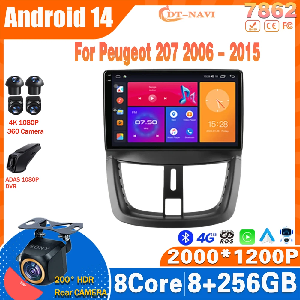 

Android 14 Car For Peugeot 207 2006 - 2015 Multimedia Video Player Head Unit Stereo GPS Navigation 4G BT WIFI QLED NO 2Din DVD