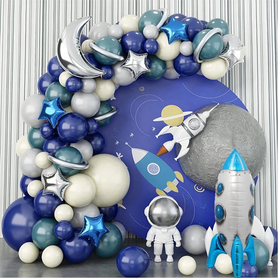 Kit de arco de globos espaciales, globos de aluminio azul marino/blanco/gris para cumpleaños de astronauta de niño, fiesta de OVNI y decoración de ducha galáctica