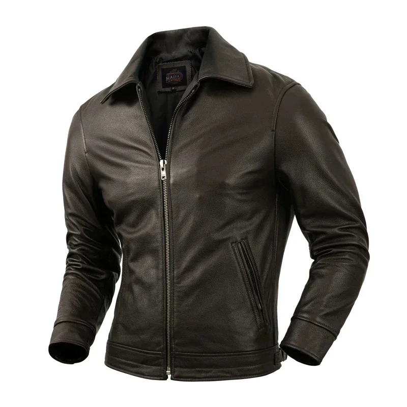 Pure Top Layer Cowhide Corium Leather Jacket Luxury Men's Lapel Jackets Spring and Autumn Short Casual Coat