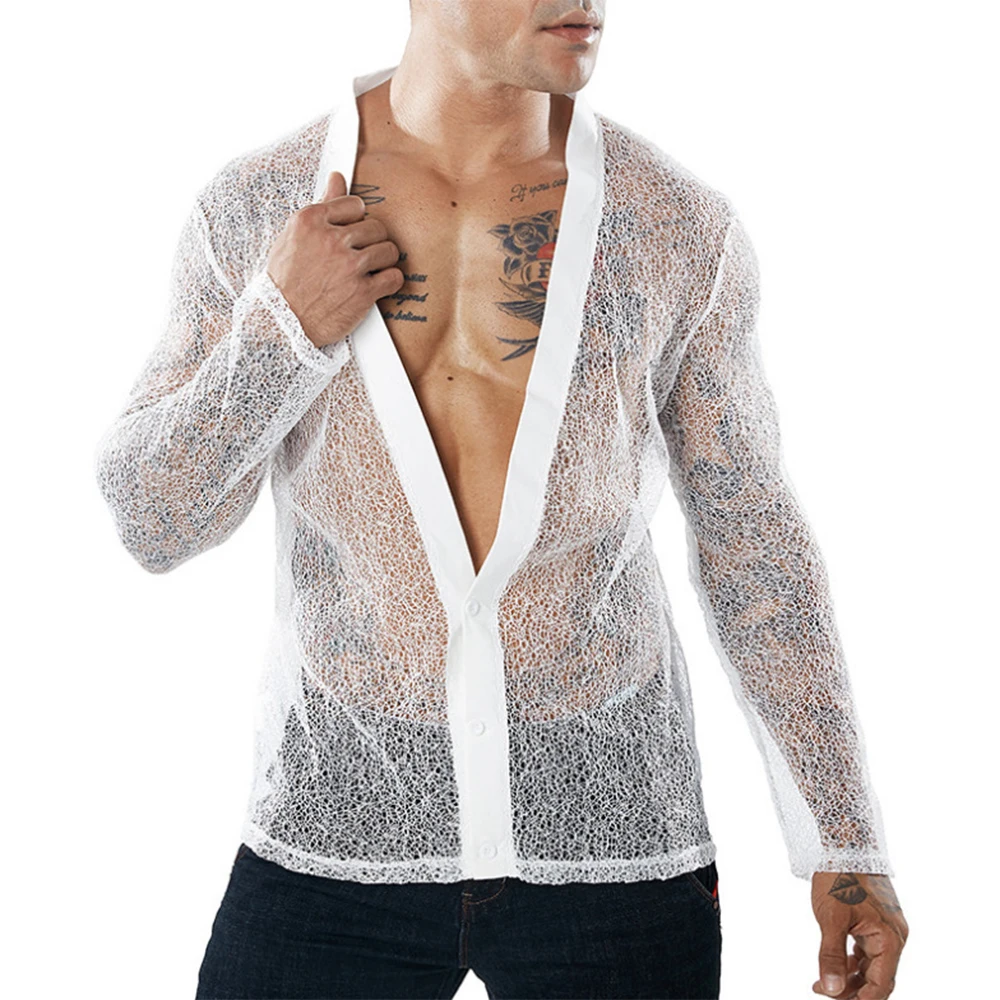 Comfortable Shirts Transparent Cardigan Casual Deep V-neck Fashion Long Sleeve Long-sleeved Men Mesh See Through