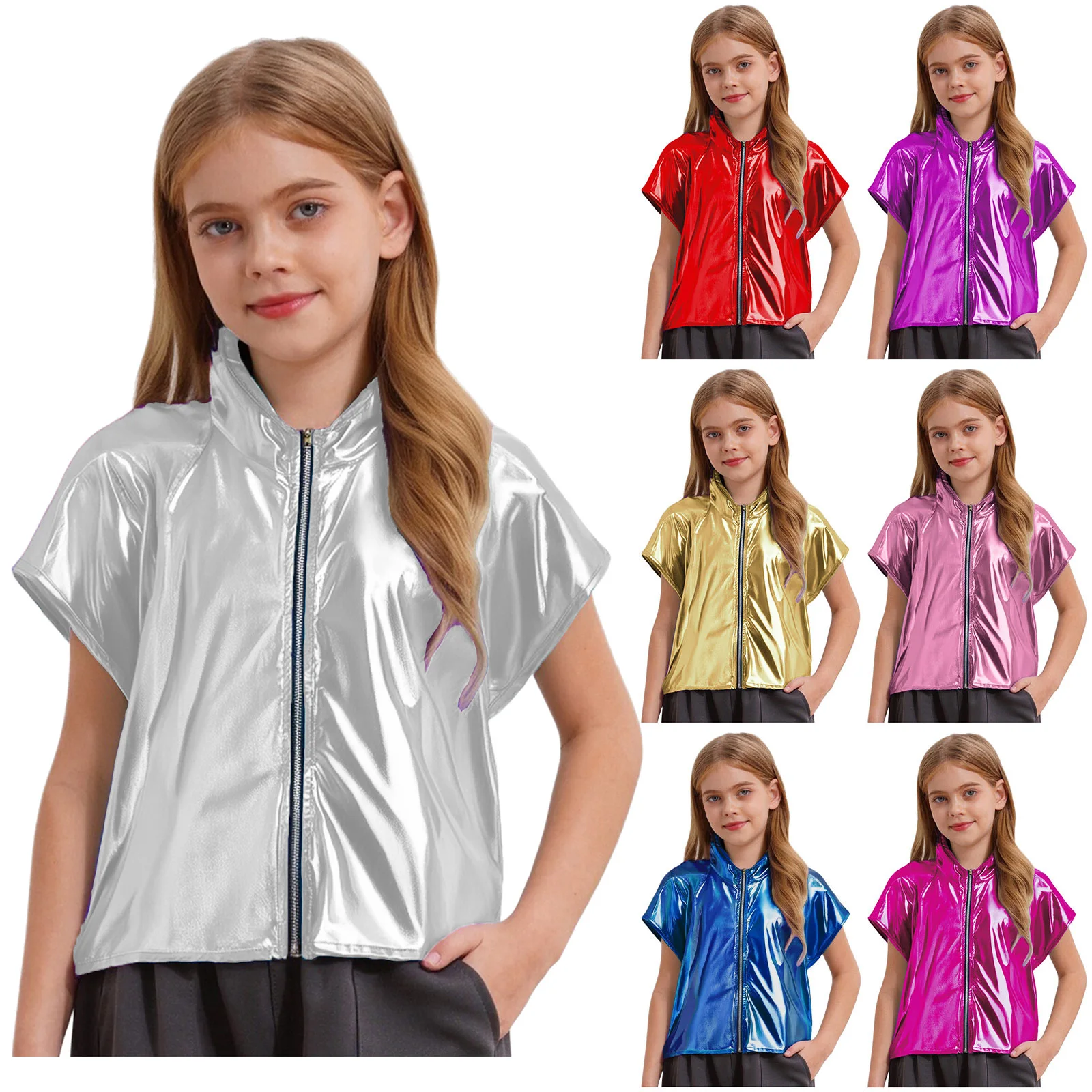Kids Hip Hop Jazz Street Dance Tops Metallic Shiny Zipper Hooded Vest Christmas Carnival School Party Performance Dancewear