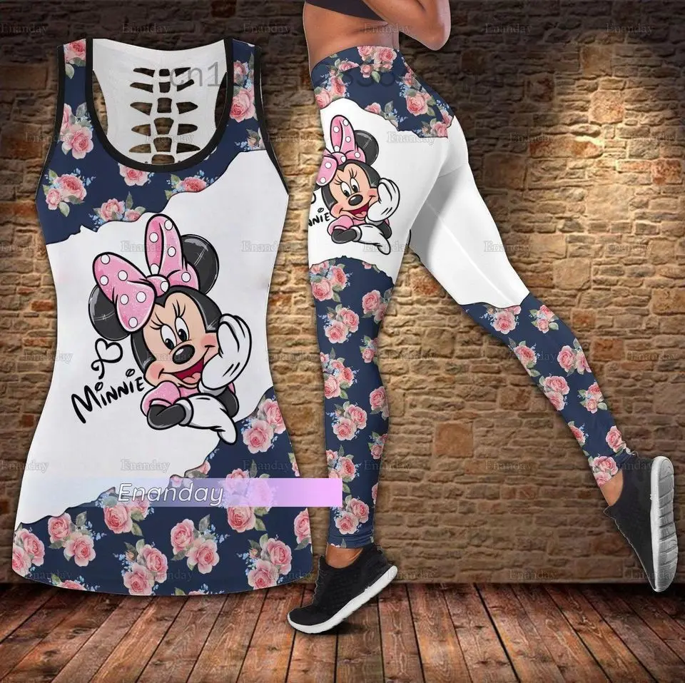 

New Minnie Mouse Women's Hollow Tanktop Leggings Yoga Set Summer Fitness Leggings Tracksuit Disney Cutout Tank Top Leggings Suit