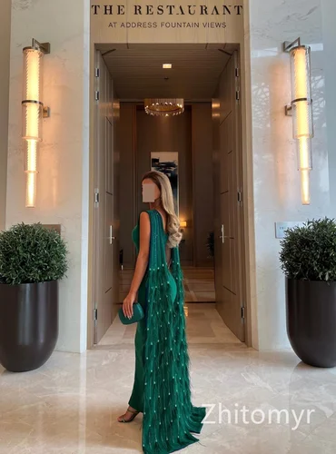 Imagen 2 del producto Vestidos de noche Watteau con vaina de joya elegante personalizados, borla de diamantes de imitación, longitud hasta el suelo, فسات://ات vestidos para ev