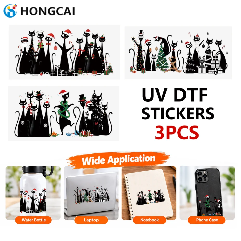 3PCS Christmas Black Cat UV Crystal Label Stickers DTF transfer decals. Suitable for decorating tumblers,laptops and phone cases