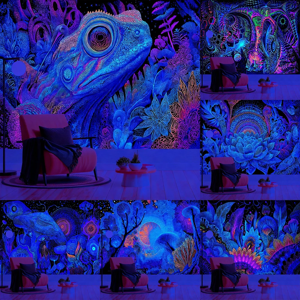 

Glow in the Dark Floral And Animal Tapestry UV reaction tapestry background decoration wall hanging bedroom party decoration