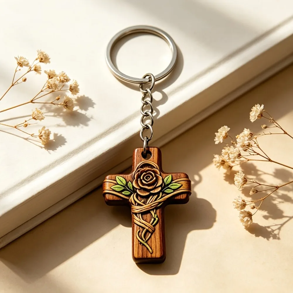 30/50Sets Wooden Rose Cross Keychain, Religious Baptism Confirmation Favor with Organza Bag & Thank You Card