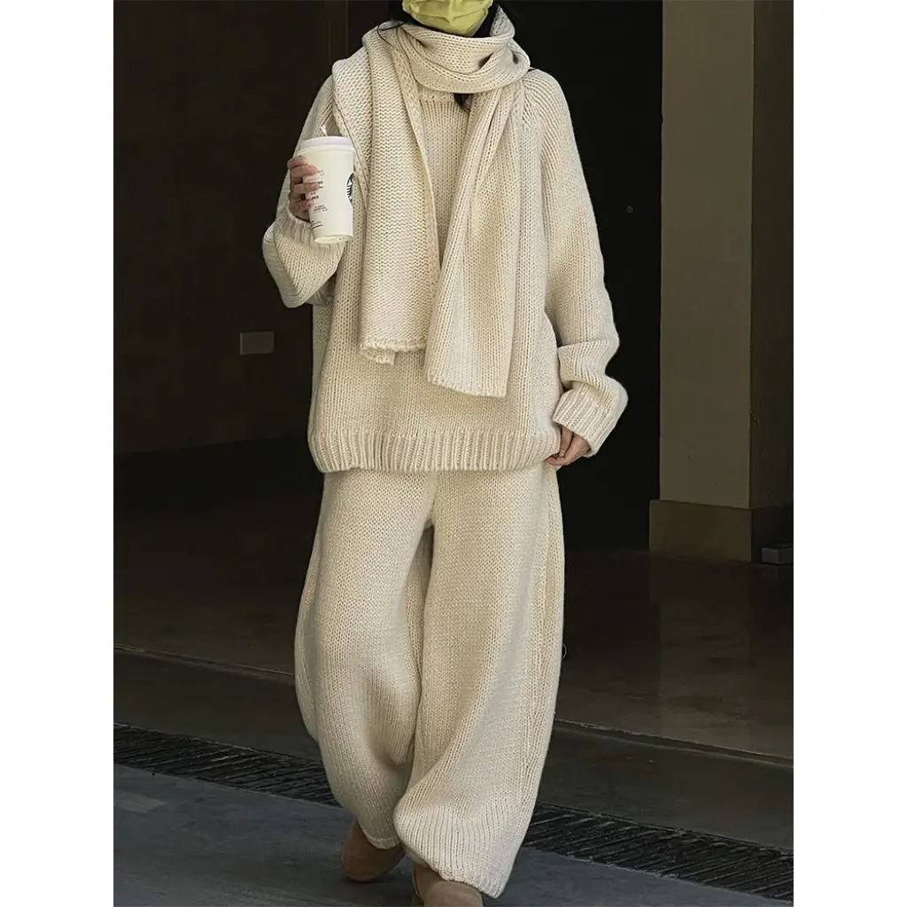 

Женский зимний пуловер из толстой шерстяной нити, свитер в японском стиле, ленивый повседневный топ с круглым вырезом, силуэт в стиле ретро