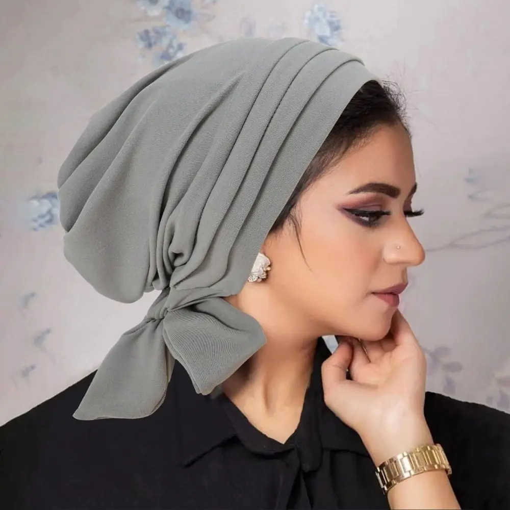 Gorro de Color liso para Mujer musulmana, con volantes preatados Hijab, bufanda plisada para la cabeza, turbante para quimio