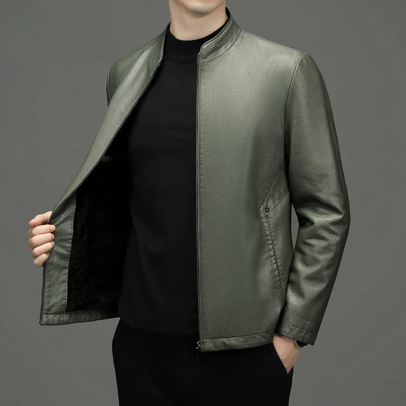 

2024 New High-quality Men's Standing Collar Overcoat Microfiber Cowhide Leather Jacket Ecology Coat Middle-aged Fleece Outwear