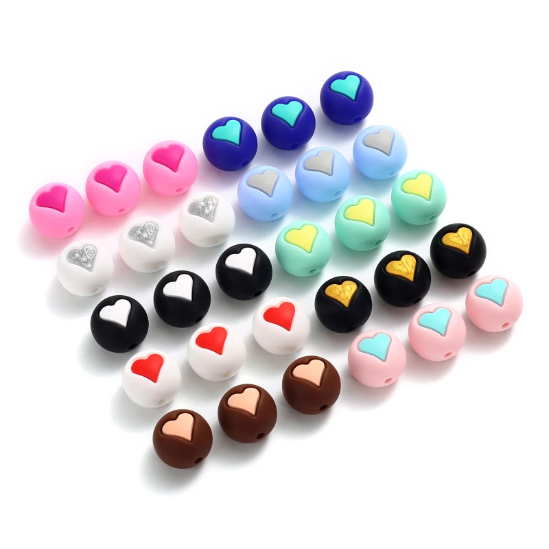 10Pcs Colorful Silicone Chewing Beads 15mm Round Heart Teether Beads For Jewelry Making Accessory DIY Bracelet Pacifier Chain