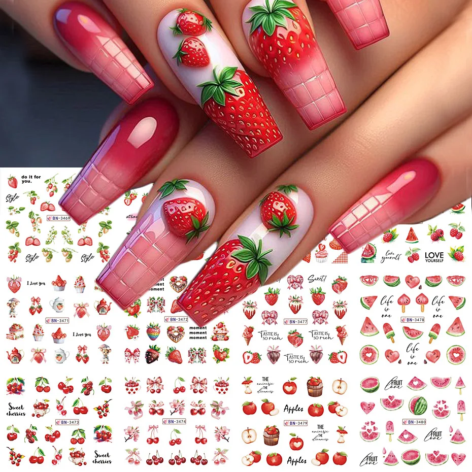 12 disegni di fragole per nail art decalcomanie per il trasferimento dell'acqua serie di frutta rosa rossa cursore autoadesivo decorazione per manicure decorazione per unghie fai da te