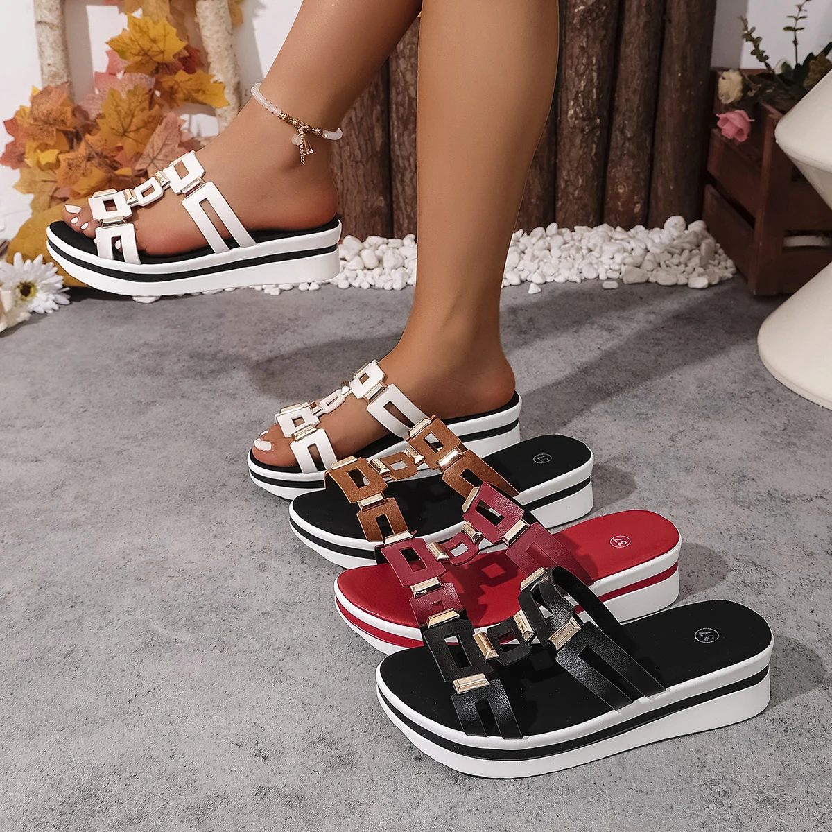 

New Women's Summer Wedge Sandals Metal Cutout Decor Thick Sole Comfortable Platform Slides