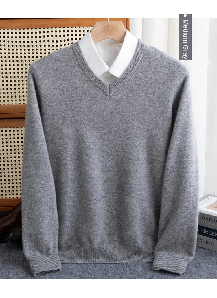 100% reiner Merinowollpullover für Herren, V-Ausschnitt, Strickpullover, große Größen, Kaschmir, Herbst/Winter, neuer Langarmpullover, hochwertige Oberteile – Detail 34