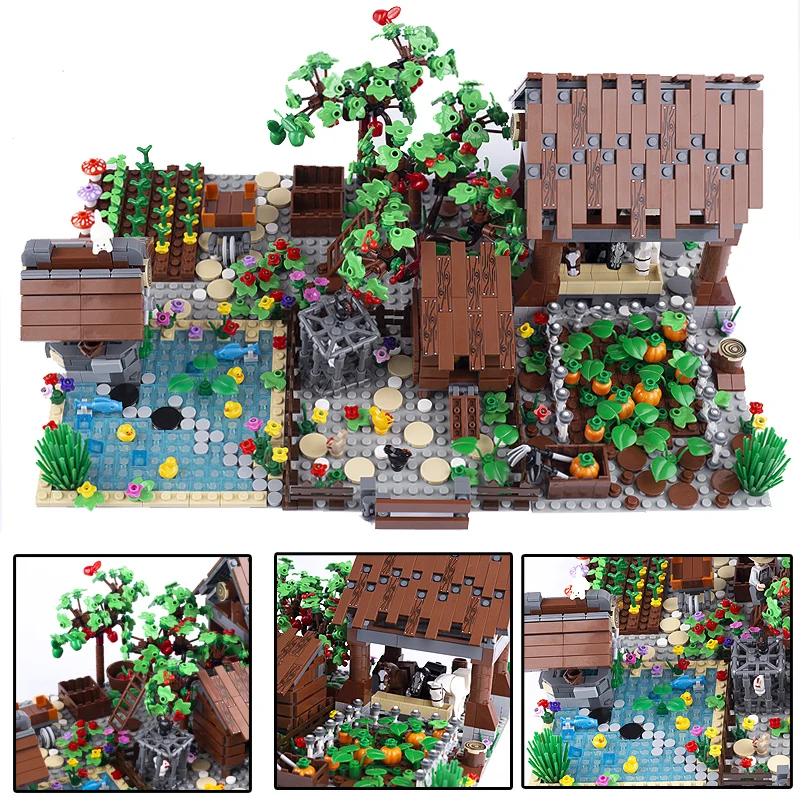 MOC City Street View Farm Scene Building Blocks Farmland Field Chick Dog Pigsty Kennel Animal Plant Flower Tree Bricks Toy Gifts