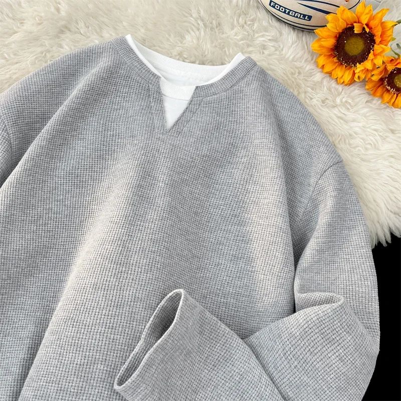 Autumn Male Waffle Texture Long Sleeve Top Mock Layer Hem Design V Notch Neck Urban Travel Commute Fashion Garment