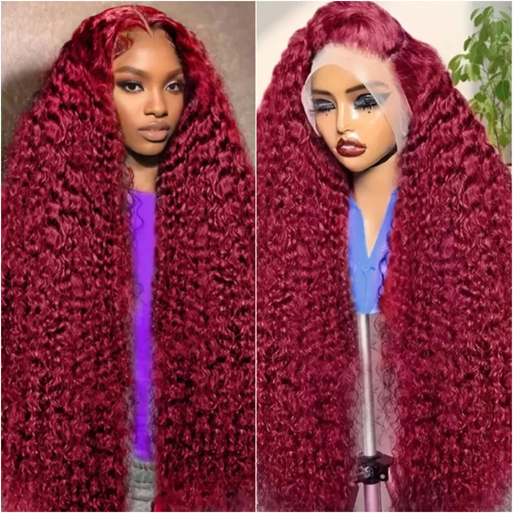 

40Inch 99J Burgundy Colored Deep Wave Wig Curly 13x6 Lace Frontal Human Hair Wig 13x4 HD Transparent Lace Front Wigs 220 Density