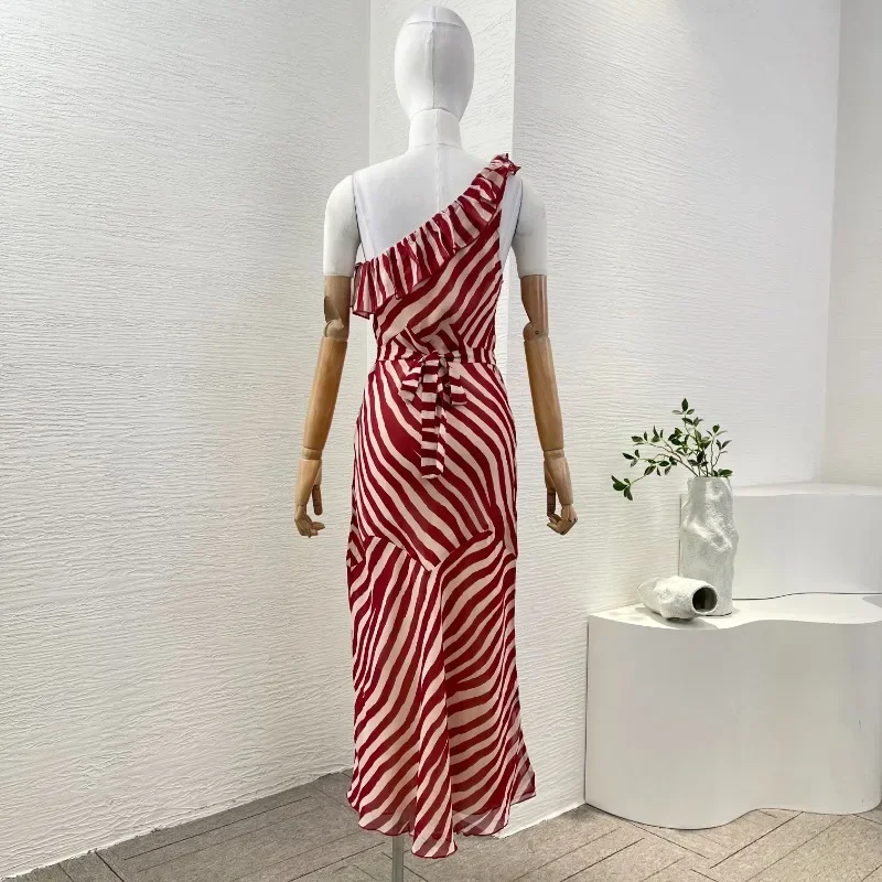 New Fashion Red White Striped High Quality Silk Bias Cut Striped Off Shoulder Women's Midi Dresses for Party