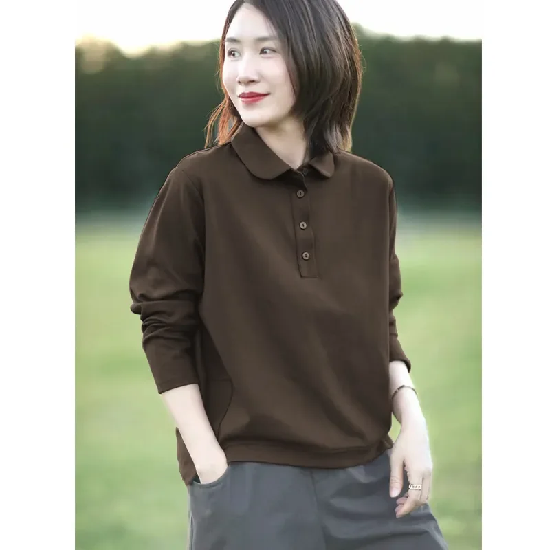 

Casual Polo Collar Long-sleeved T-shirt for Women Spring and Autumn Simple Bottoming Loose Versatile Tops