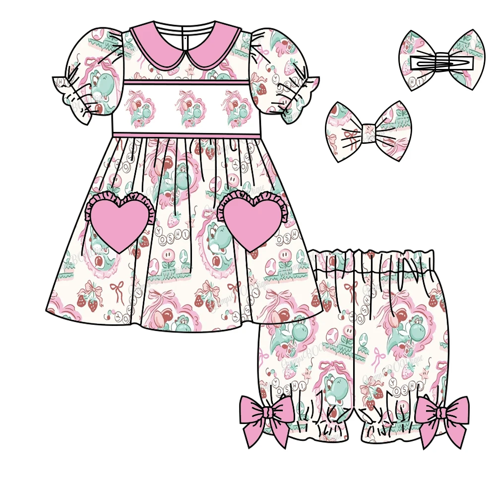 

Boutique children's suit girl series lapel short-sleeved dinosaur strawberry bow flower print shorts elastic bow girl pajama set