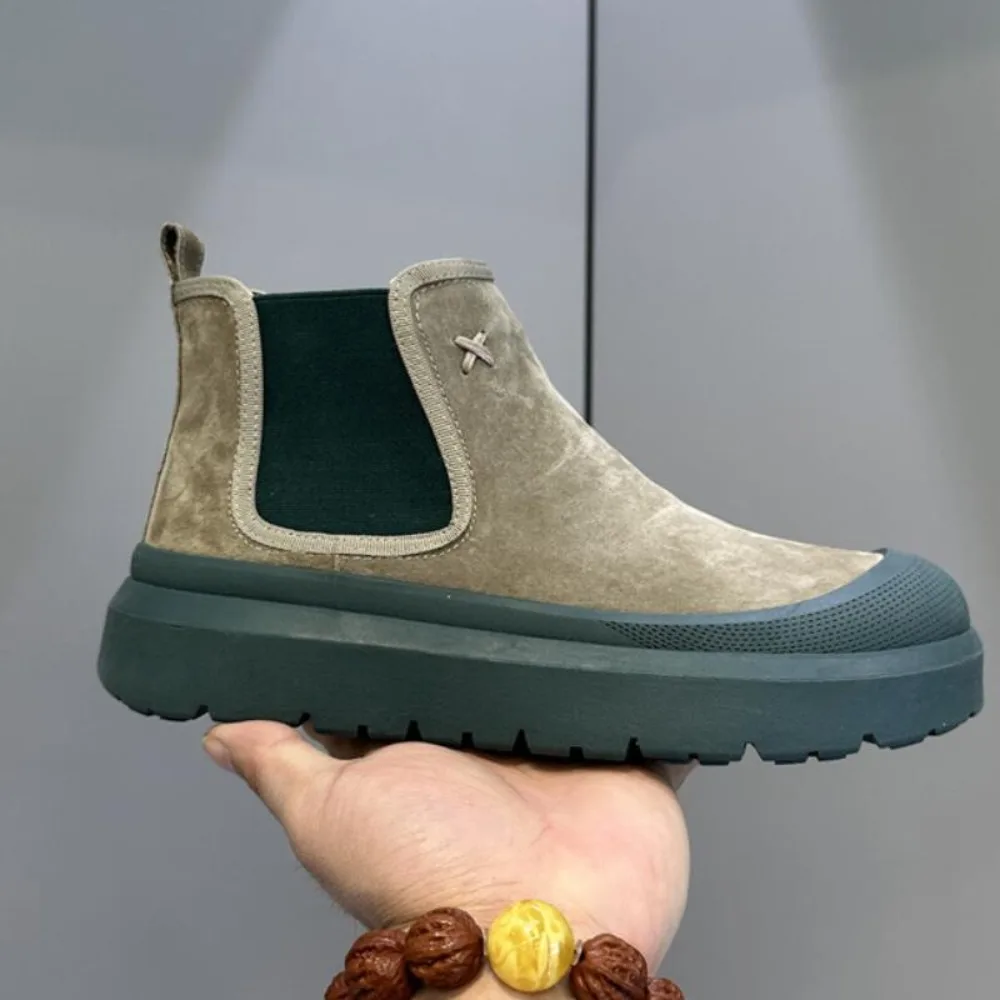 اليدوية جلد طبيعي الرجال الأحذية جولة تو الرجعية سميكة سوليد حذاء من الجلد منصة مسطحة تشيلسي الأحذية 2025 #3